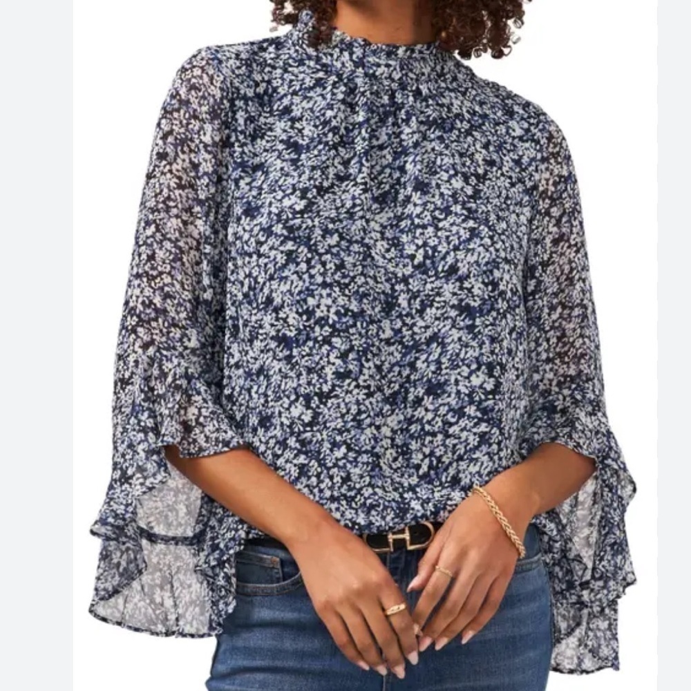 Vince Camuto Floral Print Mock Neck Flutter Sleeve Blouse Navy/W…